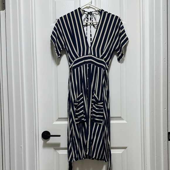 Faithfull the Brand Milan Striped Open Back Pocket Midi Dress Navy White Size 4 - Picture 4 of 9
